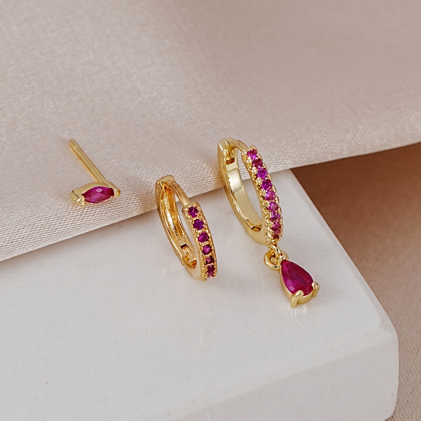 3pcs Teardrop-Shaped Zircon Hoop Earrings Set